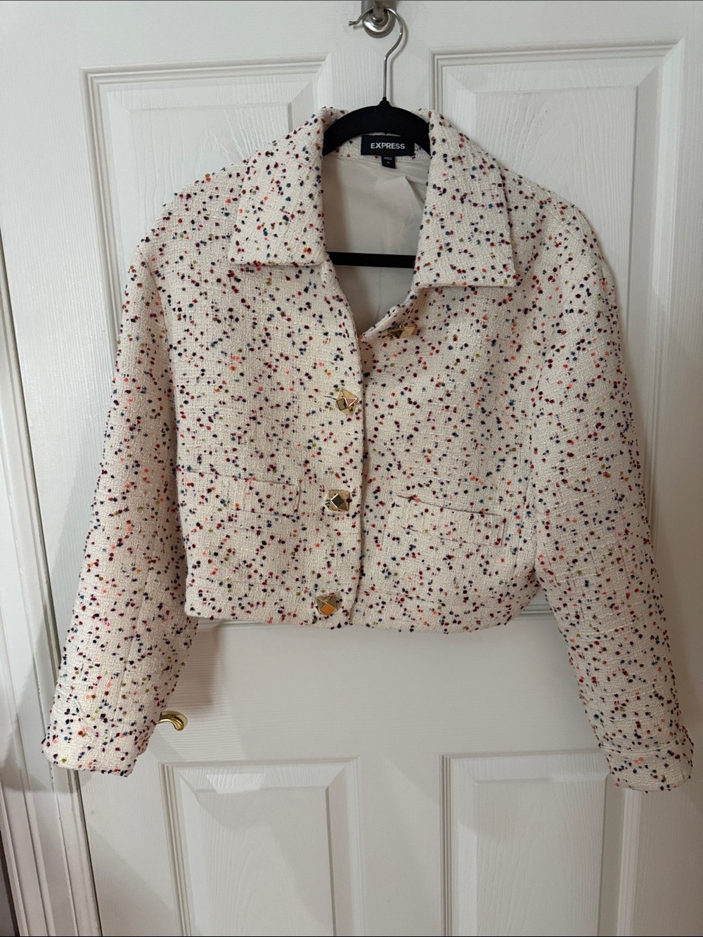 Express Cream Tweed Crop Blazer with Multicolor Speckle medium